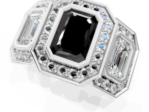 White gold Three-Stone Fancy Black Emerald Cut Halo Pavé Diamond Ring_1