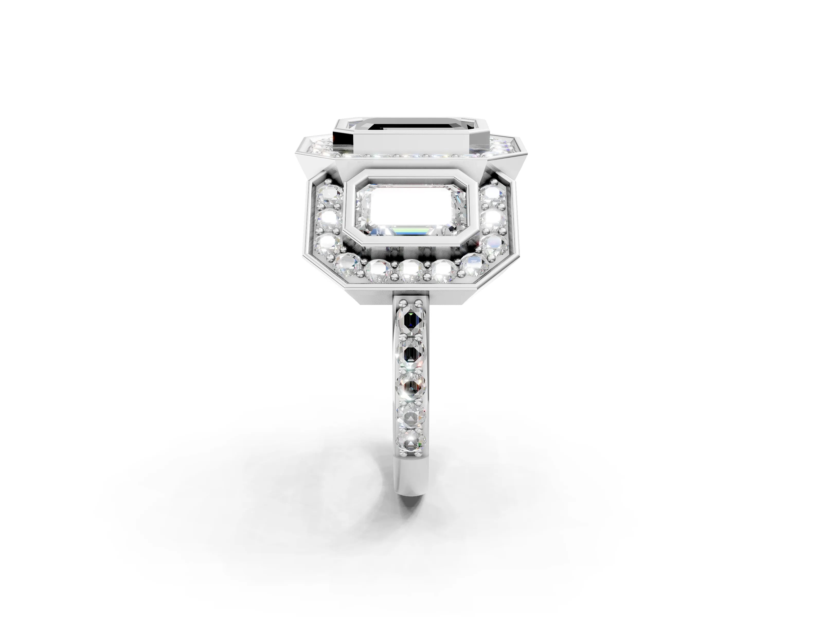 White gold Three-Stone Fancy Black Emerald Cut Halo Pavé Diamond Ring_2