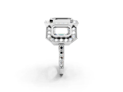 White gold Three-Stone Fancy Black Emerald Cut Halo Pavé Diamond Ring_2
