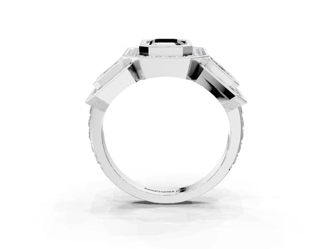 White gold Three-Stone Fancy Black Emerald Cut Halo Pavé Diamond Ring_3