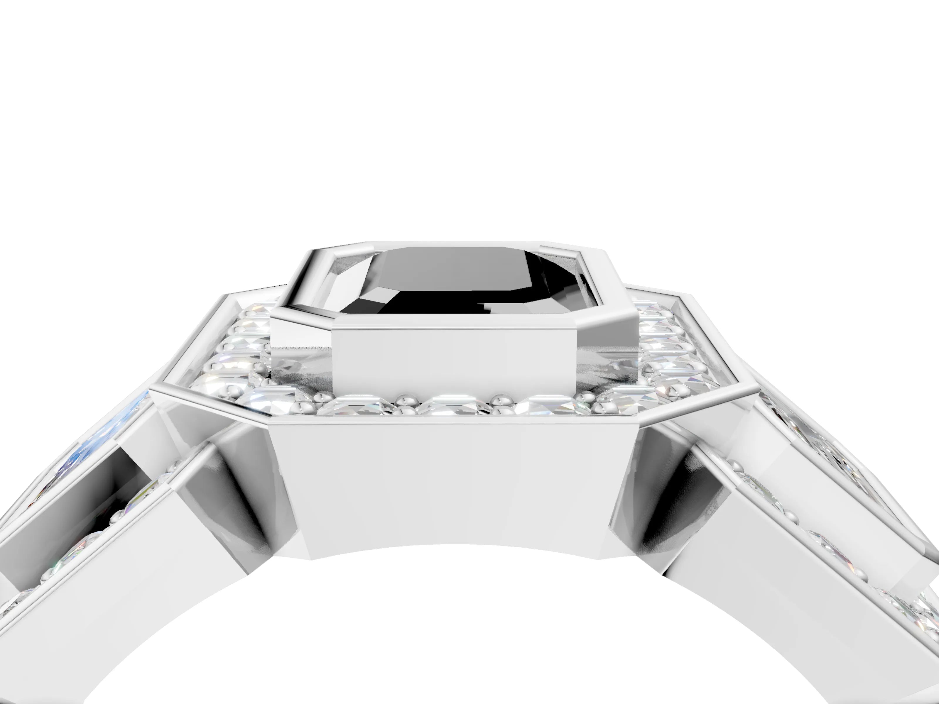 White gold Three-Stone Fancy Black Emerald Cut Halo Pavé Diamond Ring_4