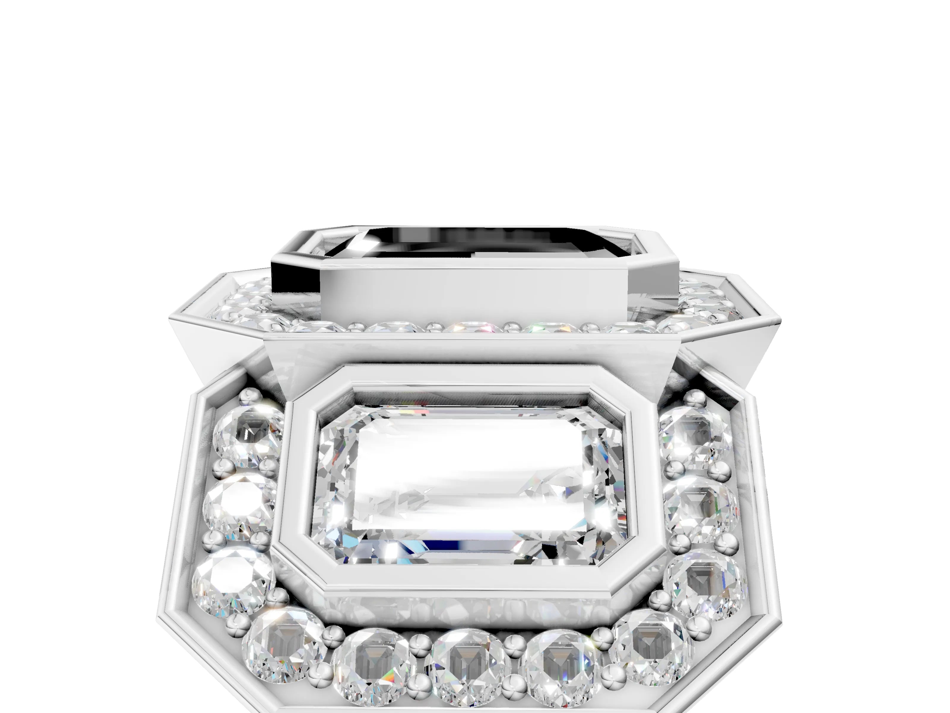 White gold Three-Stone Fancy Black Emerald Cut Halo Pavé Diamond Ring_5