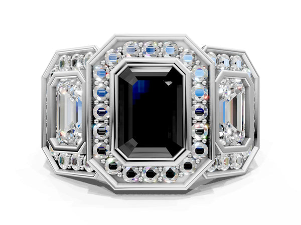 White Gold Emerald Cut Bezel Three Stone Halo Engagement Ring Setting for Black Center