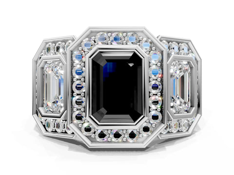 White gold Three-Stone Fancy Black Emerald Cut Halo Pavé Diamond Ring