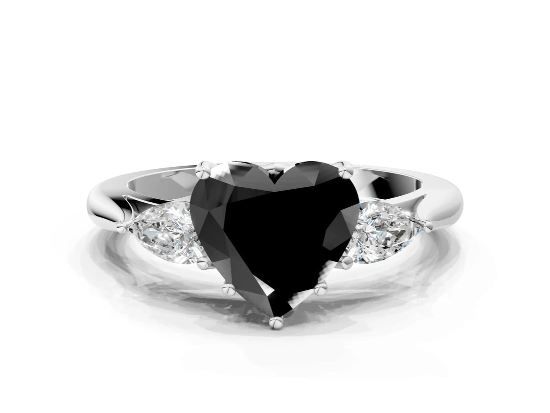 White gold Three-Stone Fancy Black Heart Cut Brilliant Diamond Solitaire Ring with Tapered Band and Four-Prong Setting_19