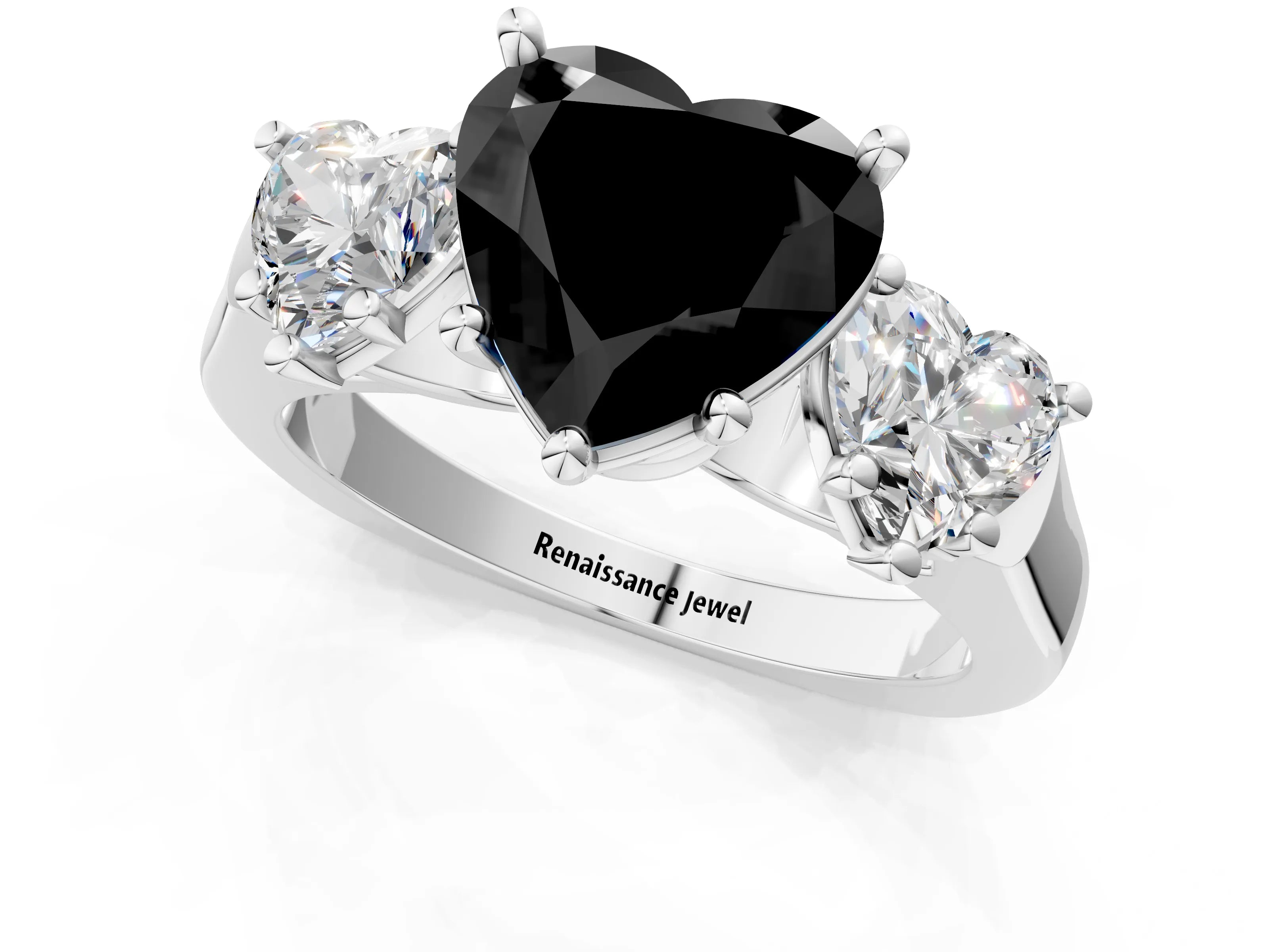 White gold Three-Stone Fancy Black Heart Cut Brilliant Diamond Trellis Ring with Comfort Fit Band_13