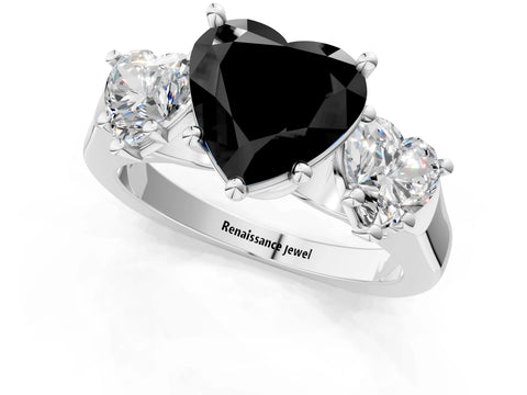 White gold Three-Stone Fancy Black Heart Cut Brilliant Diamond Trellis Ring with Comfort Fit Band_13