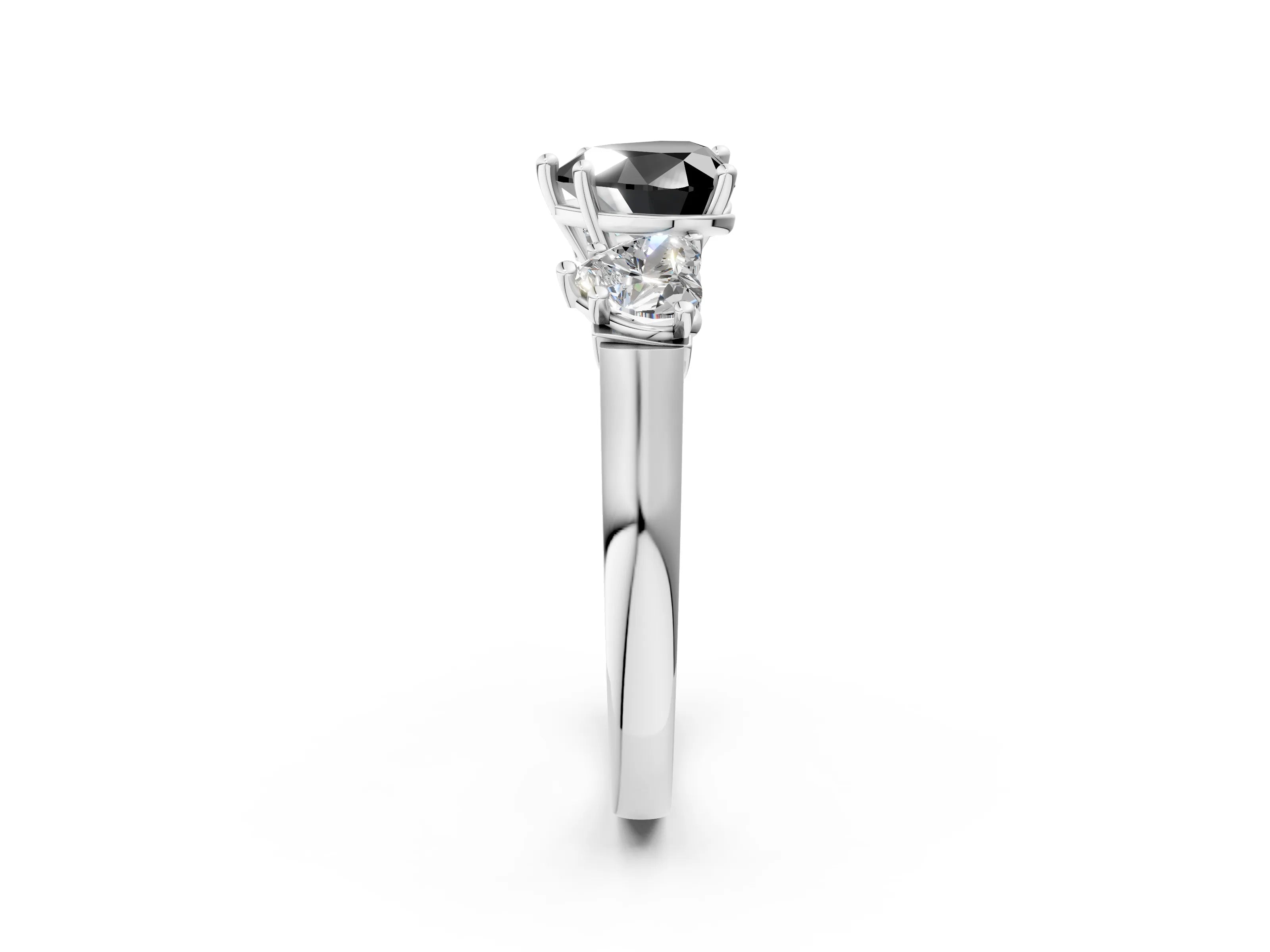 White gold Three-Stone Fancy Black Heart Cut Brilliant Diamond Trellis Ring with Comfort Fit Band_14