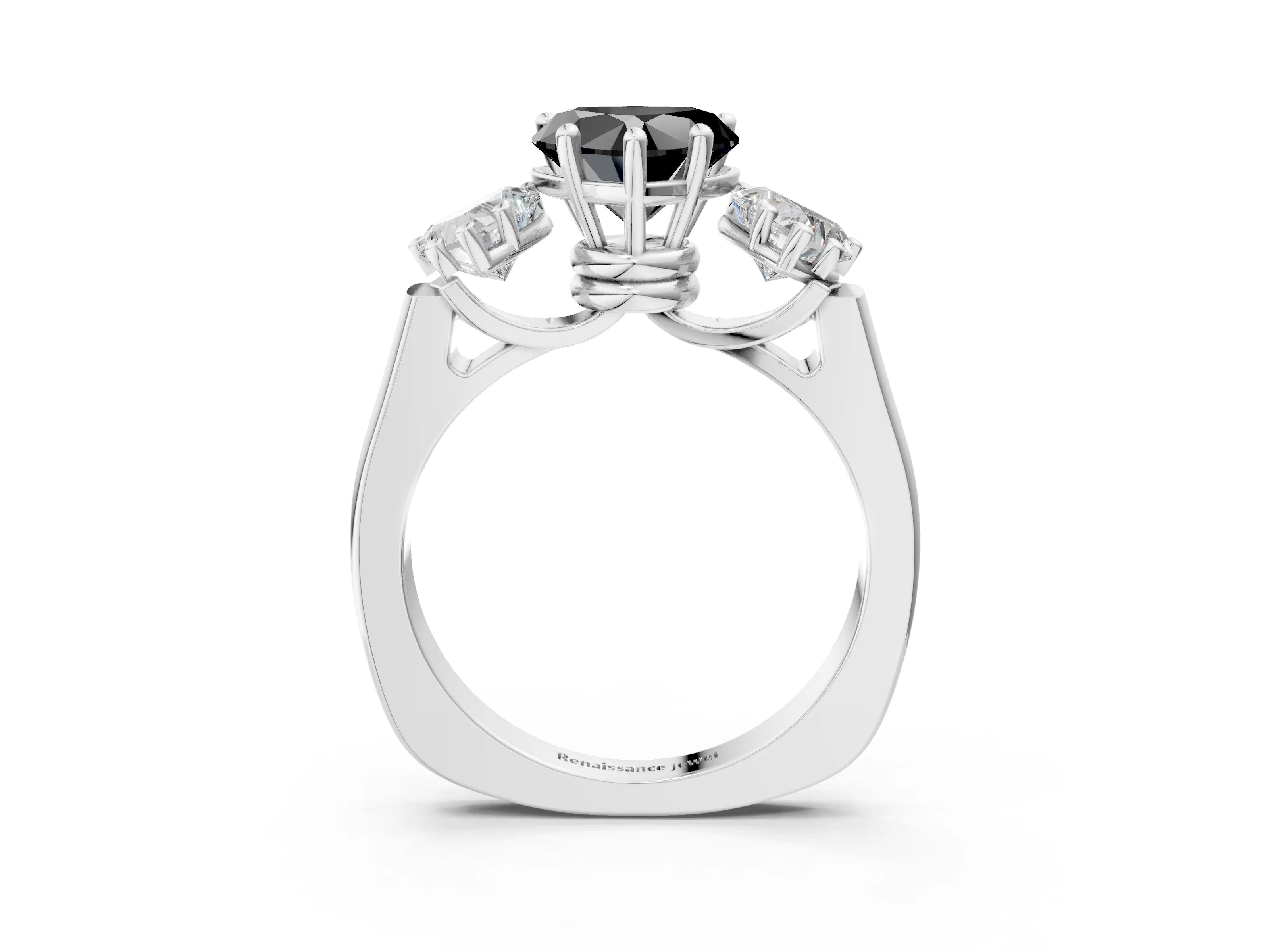 White gold Three-Stone Fancy Black Heart Cut Brilliant Diamond Trellis Ring with Comfort Fit Band_15