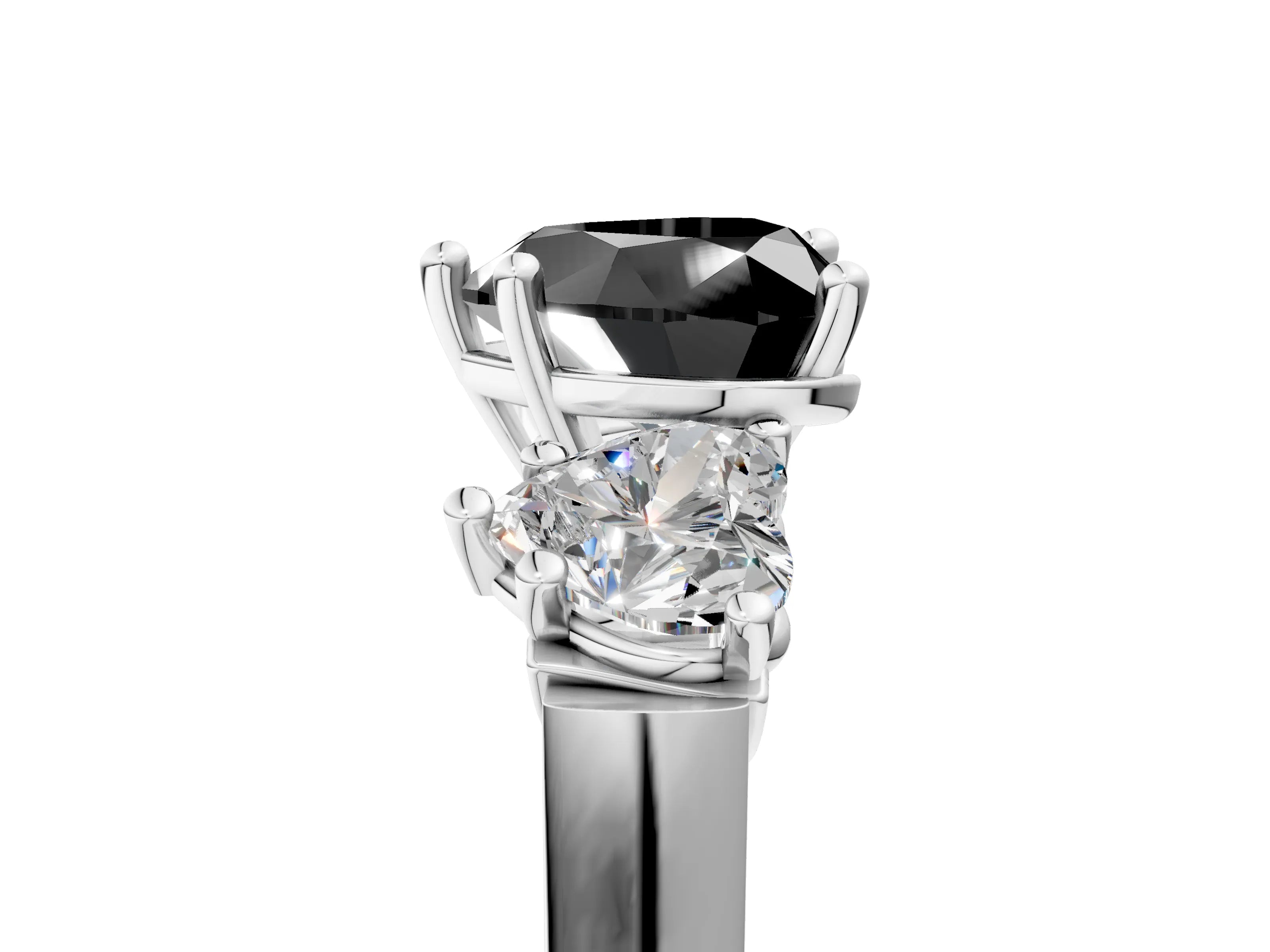 White gold Three-Stone Fancy Black Heart Cut Brilliant Diamond Trellis Ring with Comfort Fit Band_17