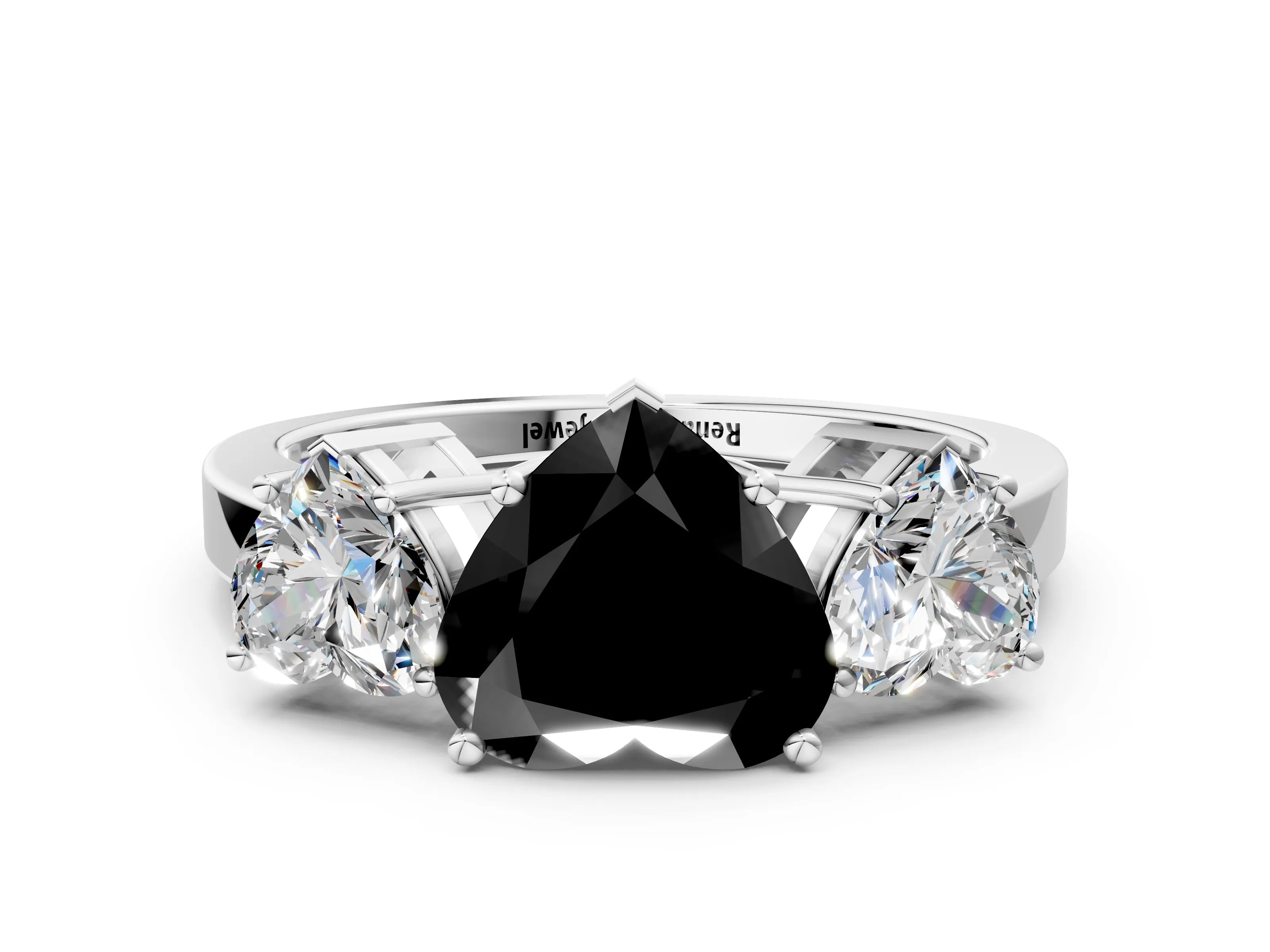 White gold Three-Stone Fancy Black Heart Cut Cut Diamond Engagement Ring with Flat Band and Four-Prong Setting_12