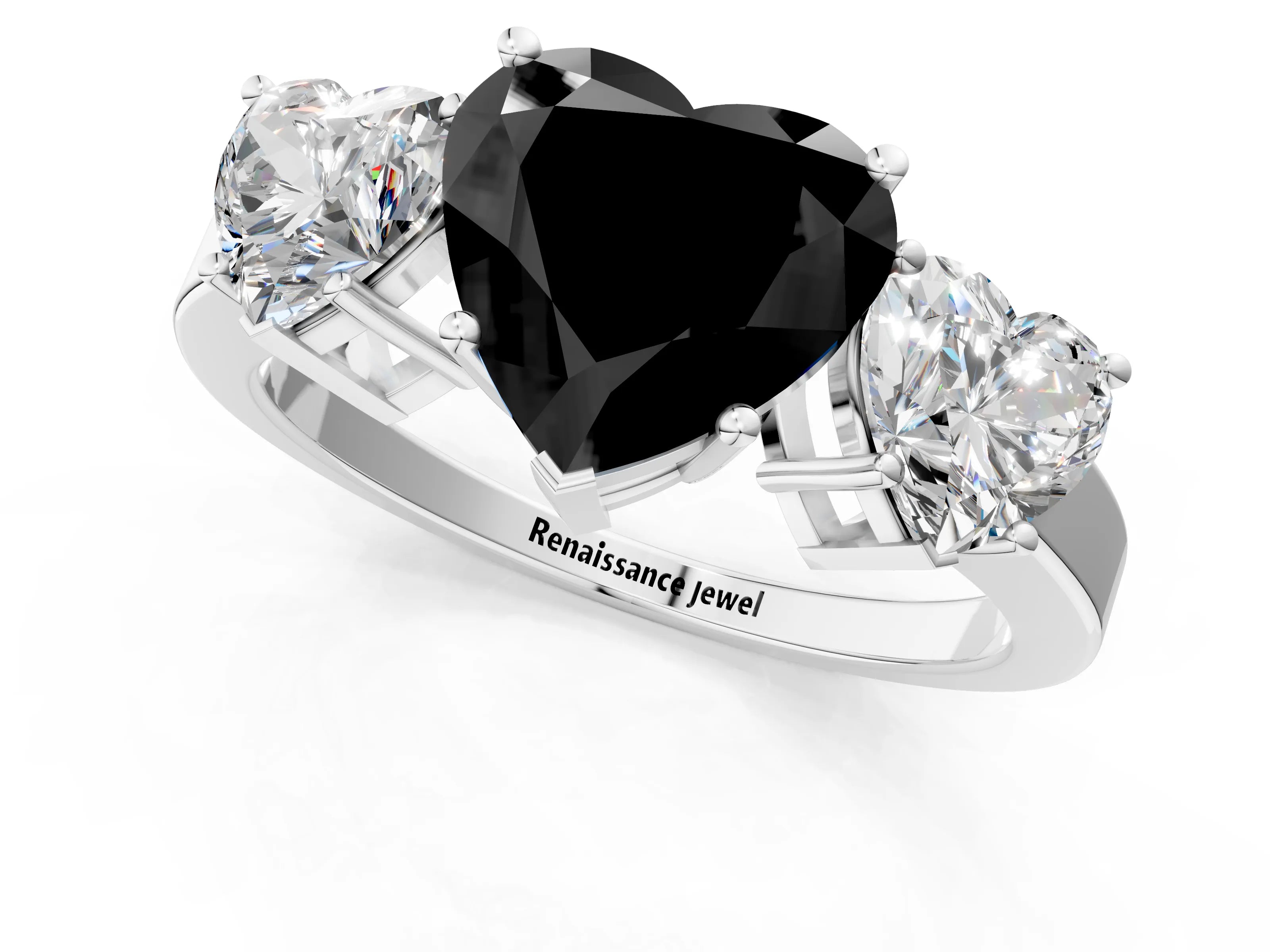 White gold Three-Stone Fancy Black Heart Cut Cut Diamond Engagement Ring with Flat Band and Four-Prong Setting_13