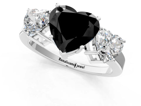 White gold Three-Stone Fancy Black Heart Cut Cut Diamond Engagement Ring with Flat Band and Four-Prong Setting_13