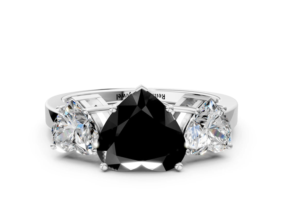 White gold Three-Stone Fancy Black Heart Cut Cut Diamond Engagement Ring with Flat Band and Four-Prong Setting_14