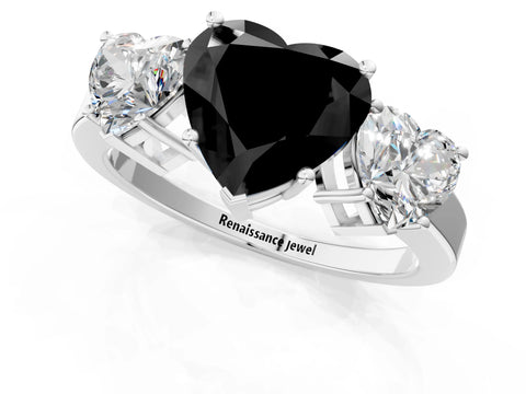 White gold Three-Stone Fancy Black Heart Cut Cut Diamond Engagement Ring with Flat Band and Four-Prong Setting_19