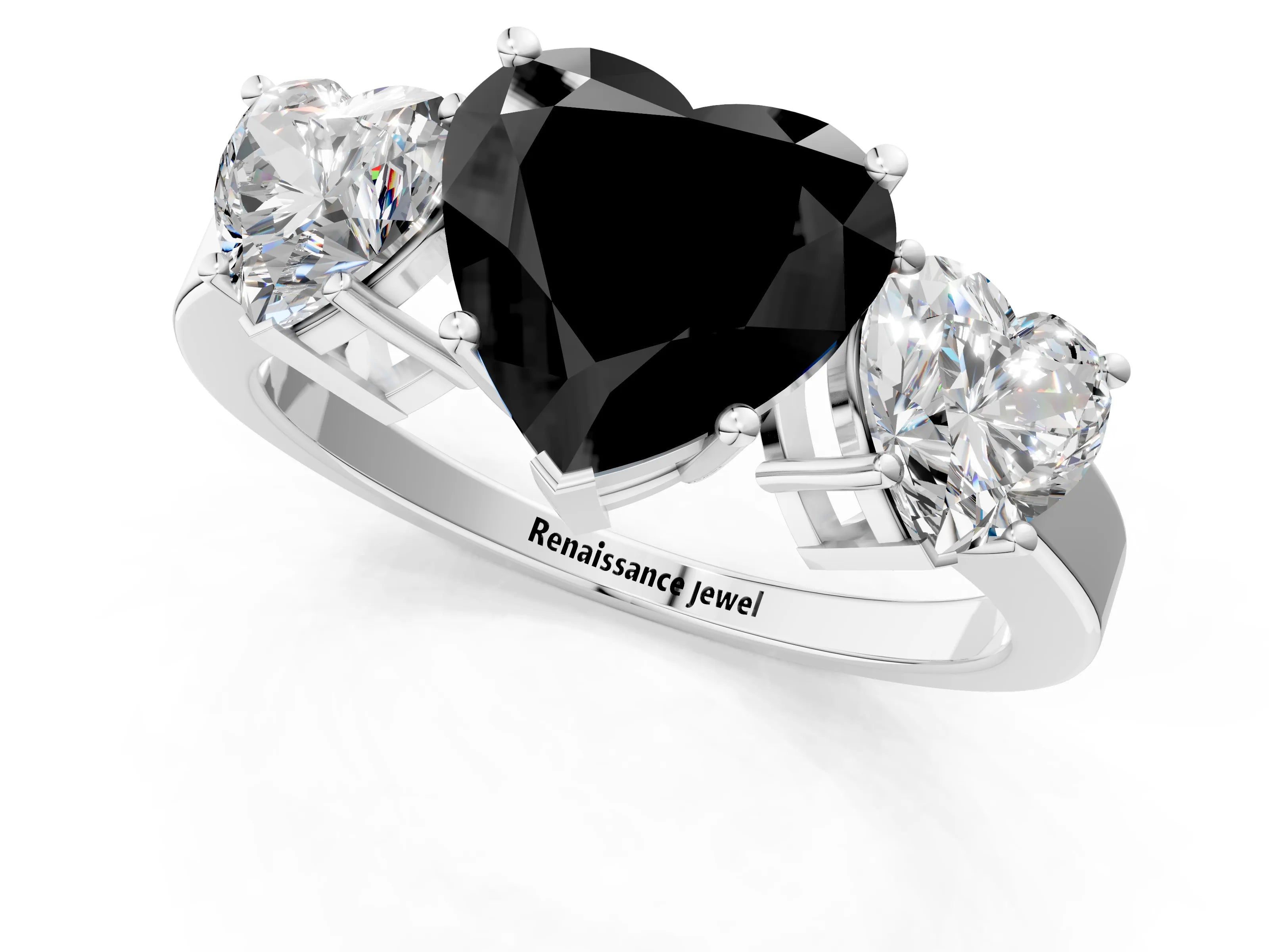 White gold Three-Stone Fancy Black Heart Cut Cut Diamond Engagement Ring with Flat Band and Four-Prong Setting_1