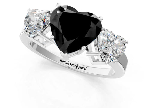 White gold Three-Stone Fancy Black Heart Cut Cut Diamond Engagement Ring with Flat Band and Four-Prong Setting_1