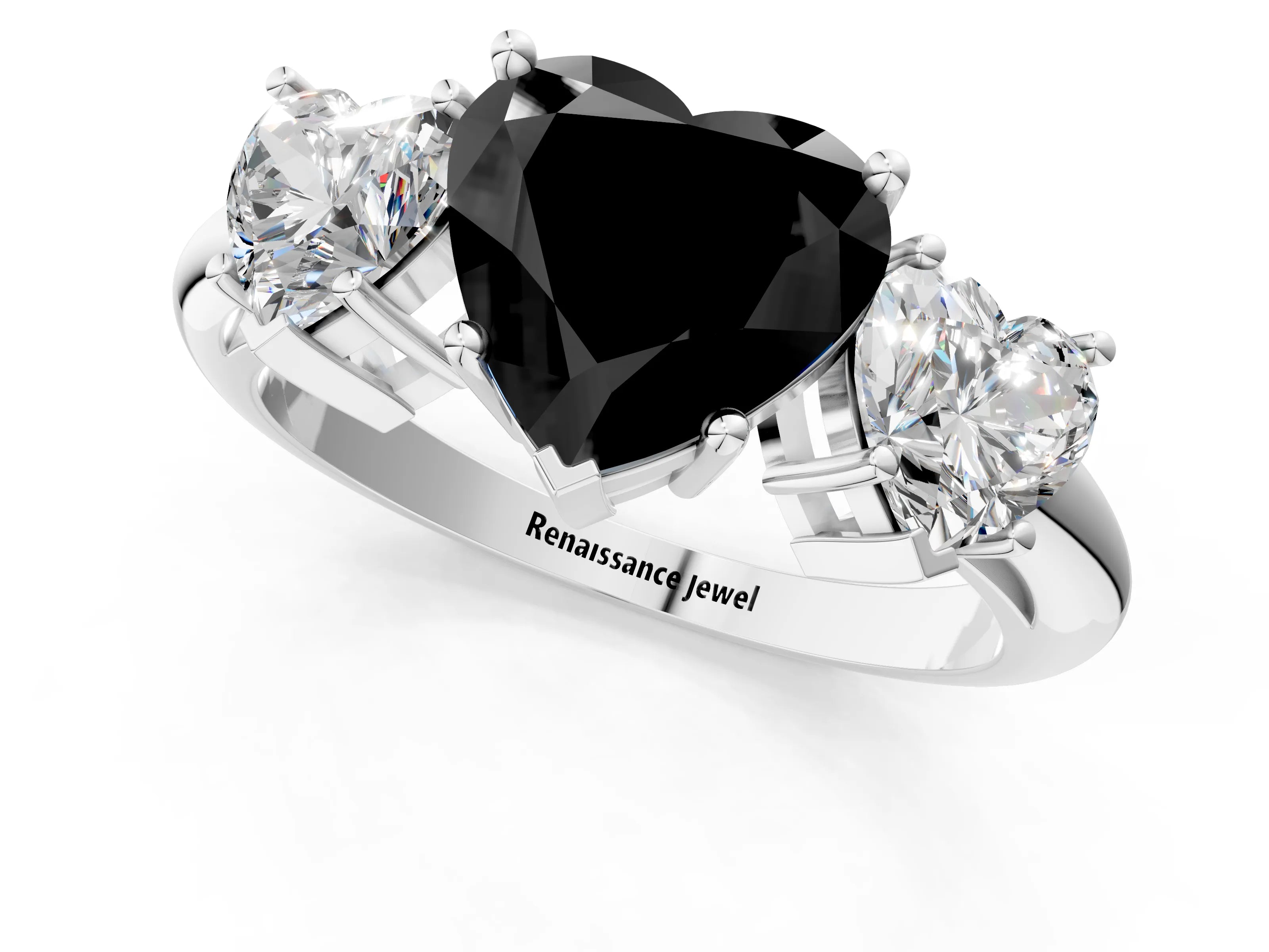 White gold Three-Stone Fancy Black Heart Cut Cut Diamond Engagement Ring with Prong Setting on a White Gold Band_1