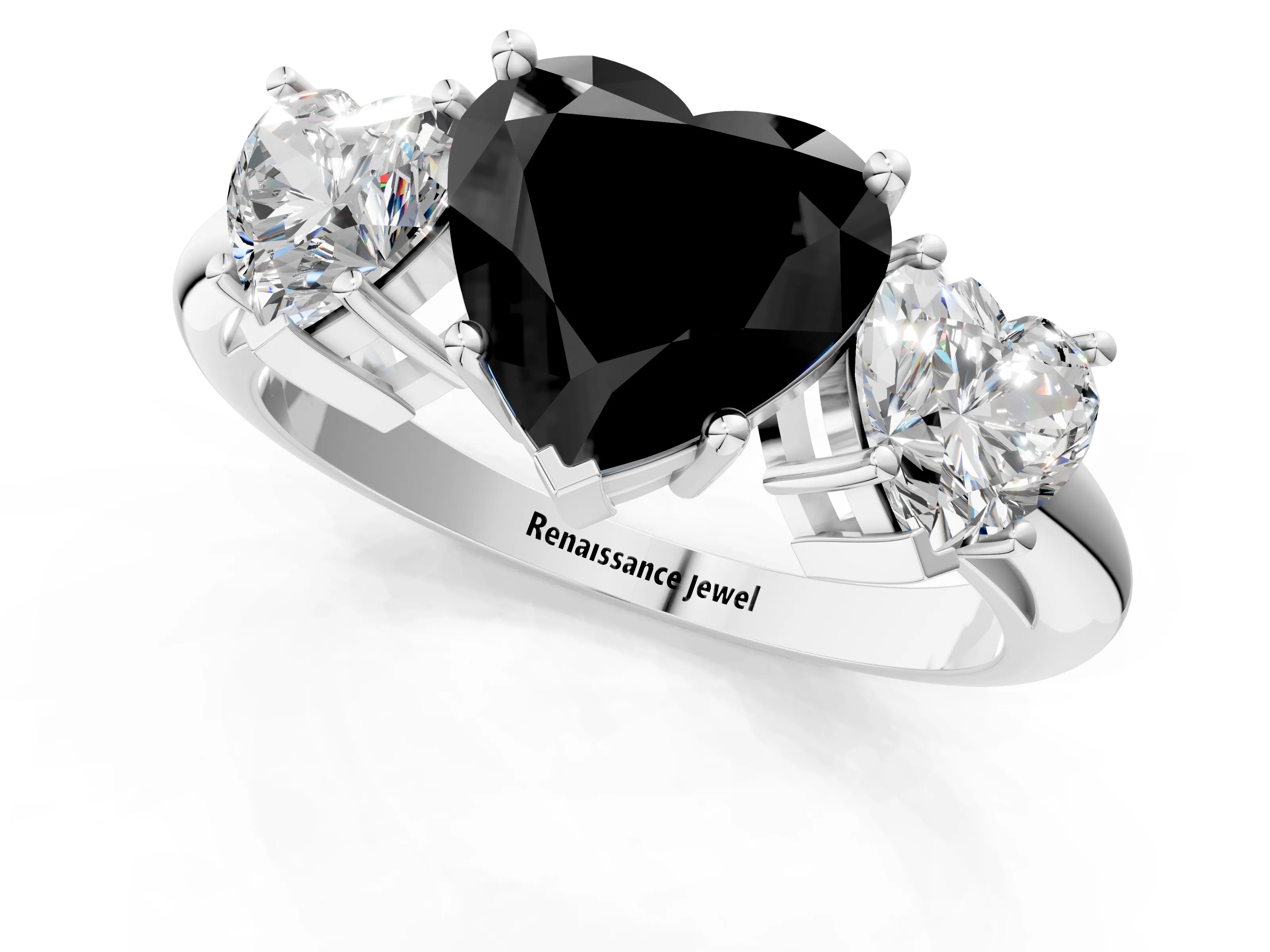 White gold Three-Stone Fancy Black Heart Cut Cut Diamond Engagement Ring with Prong Setting on a White Gold Band_13