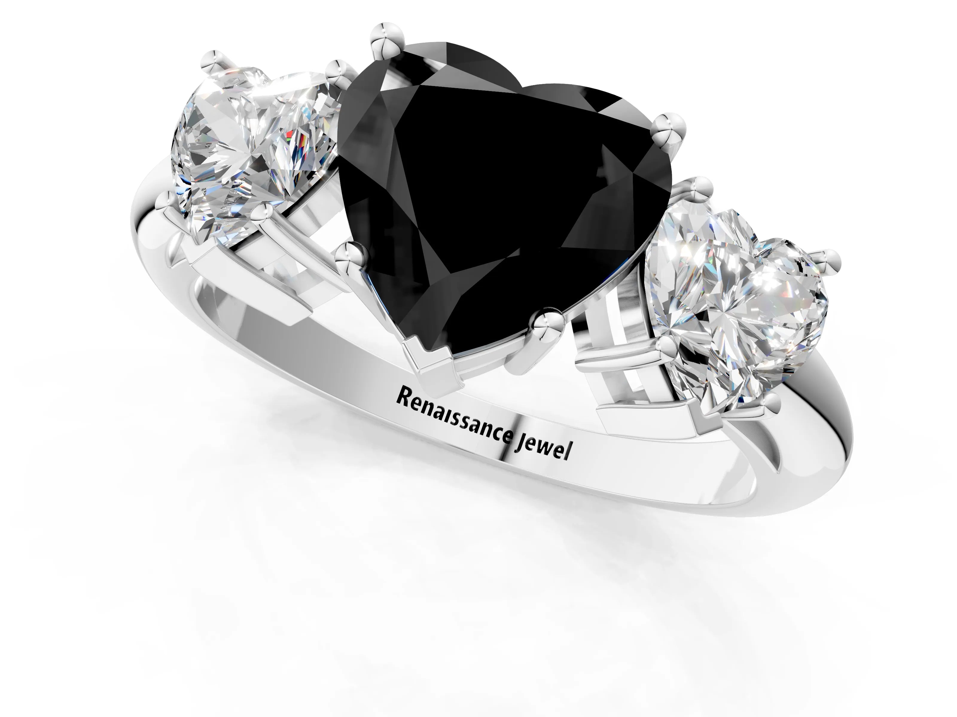 White gold Three-Stone Fancy Black Heart Cut Cut Diamond Engagement Ring with Prong Setting on a White Gold Band_19