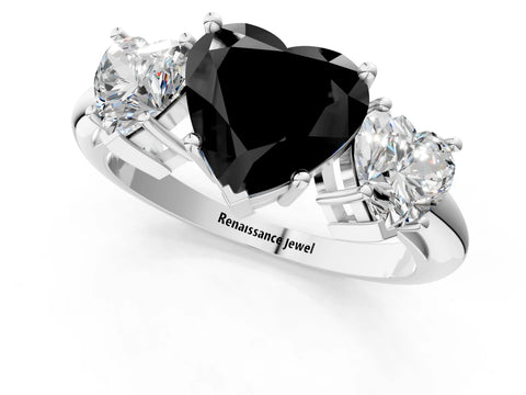 White gold Three-Stone Fancy Black Heart Cut Cut Diamond Engagement Ring with Prong Setting on a White Gold Band_1