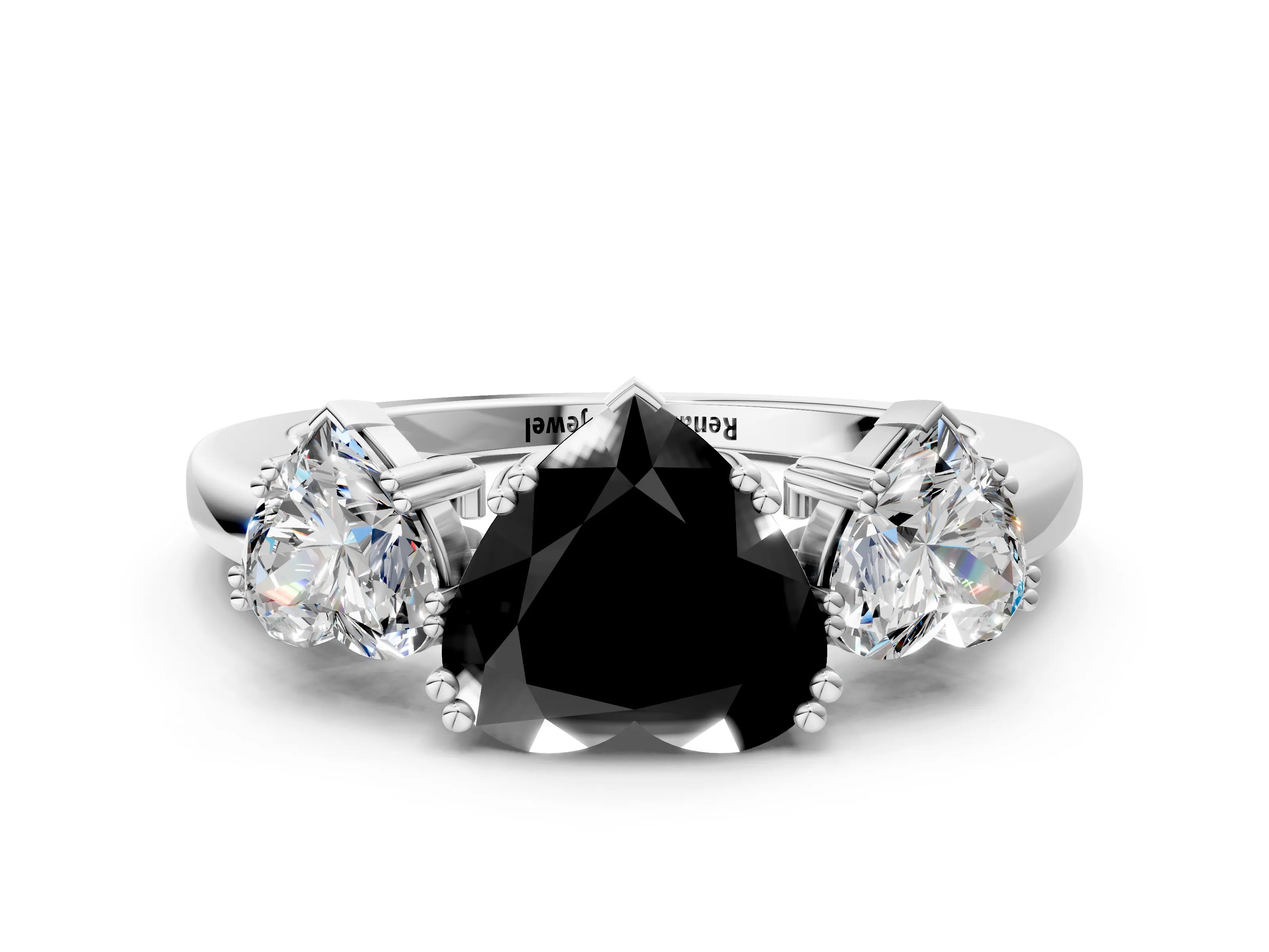 White gold Three-Stone Fancy Black Heart Cut Cut Diamond Ring with Channel Set Band and Four-Prong Setting