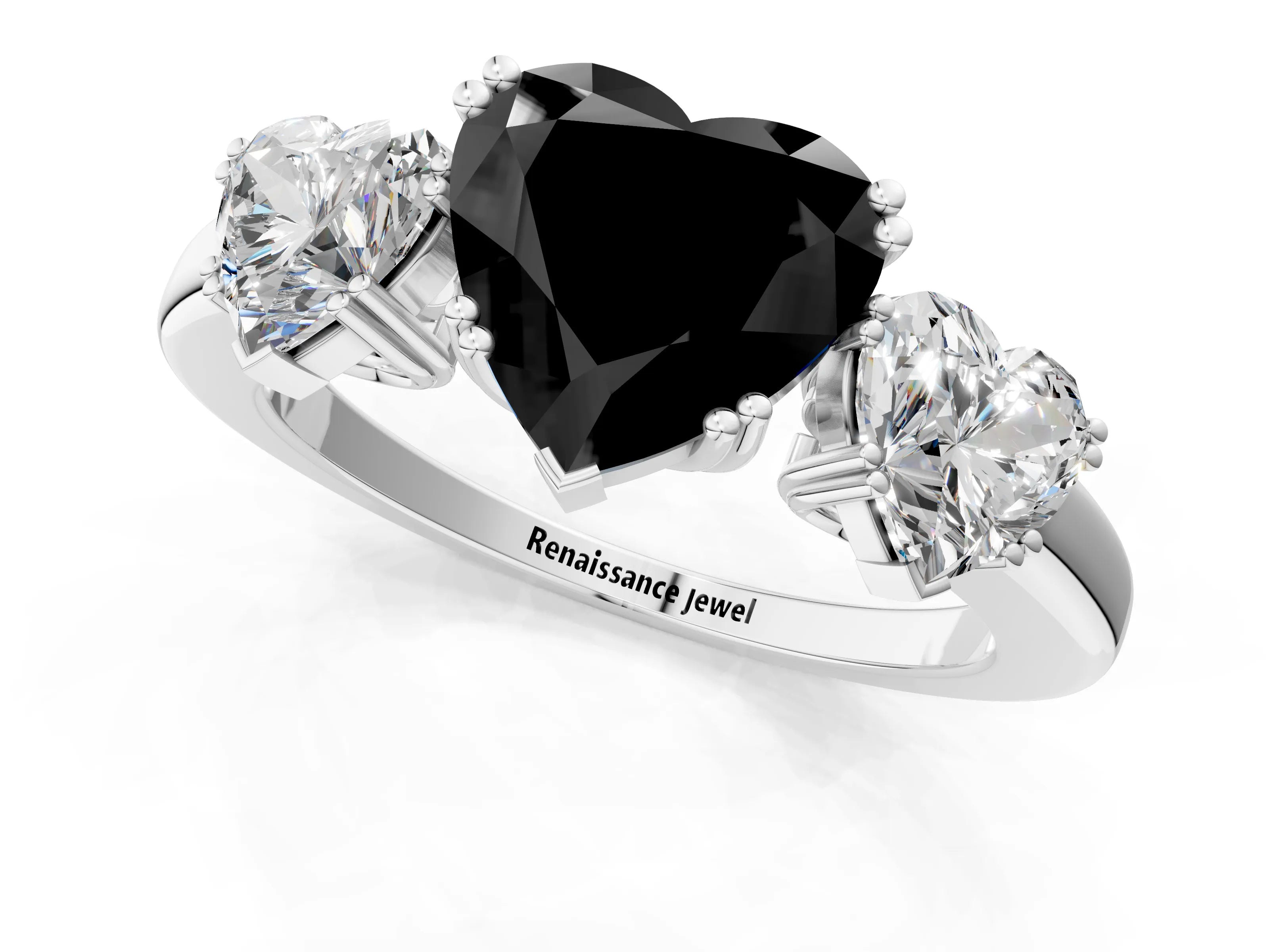 White gold Three-Stone Fancy Black Heart Cut Cut Diamond Ring with Channel Set Band and Four-Prong Setting_1