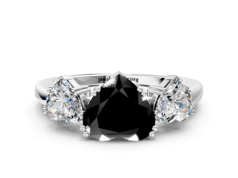 White gold Three-Stone Fancy Black Heart Cut Cut Diamond Ring with Channel Set Band and Four-Prong Setting