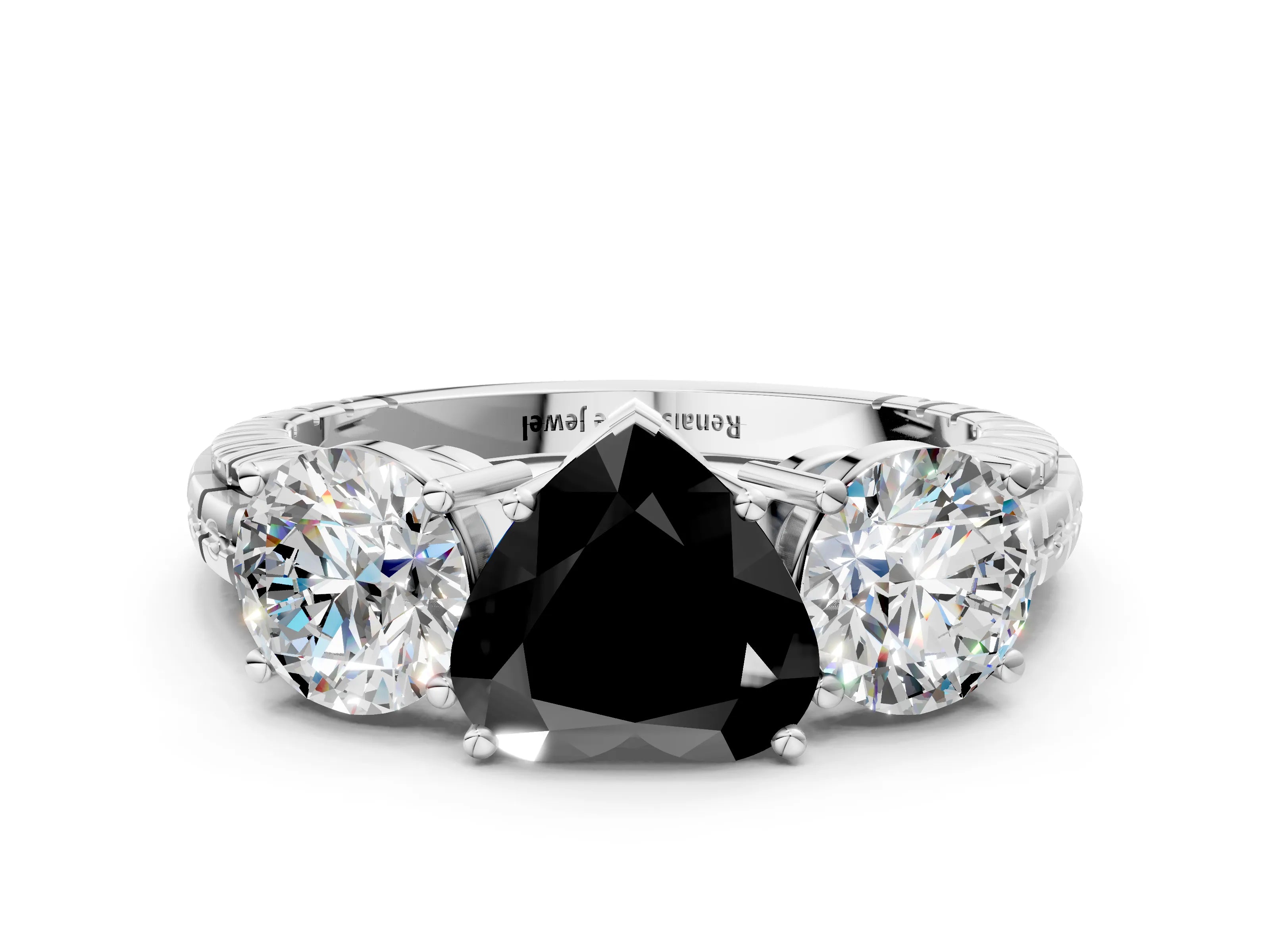 White gold Three-Stone Fancy Black Heart Cut Cut Diamond Ring with Channel-Set Band and Prong Setting
