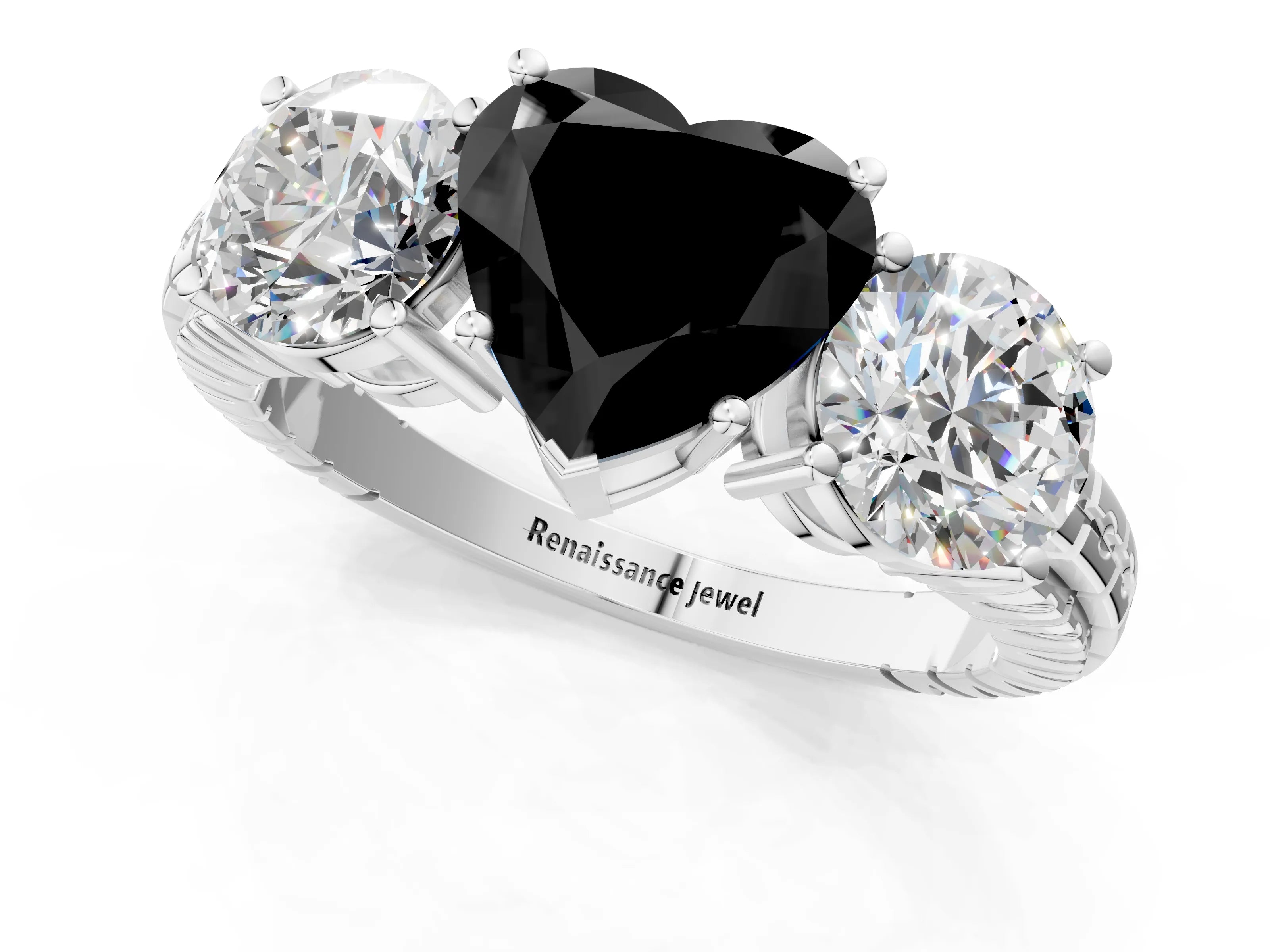 White gold Three-Stone Fancy Black Heart Cut Cut Diamond Ring with Channel-Set Band and Prong Setting_1