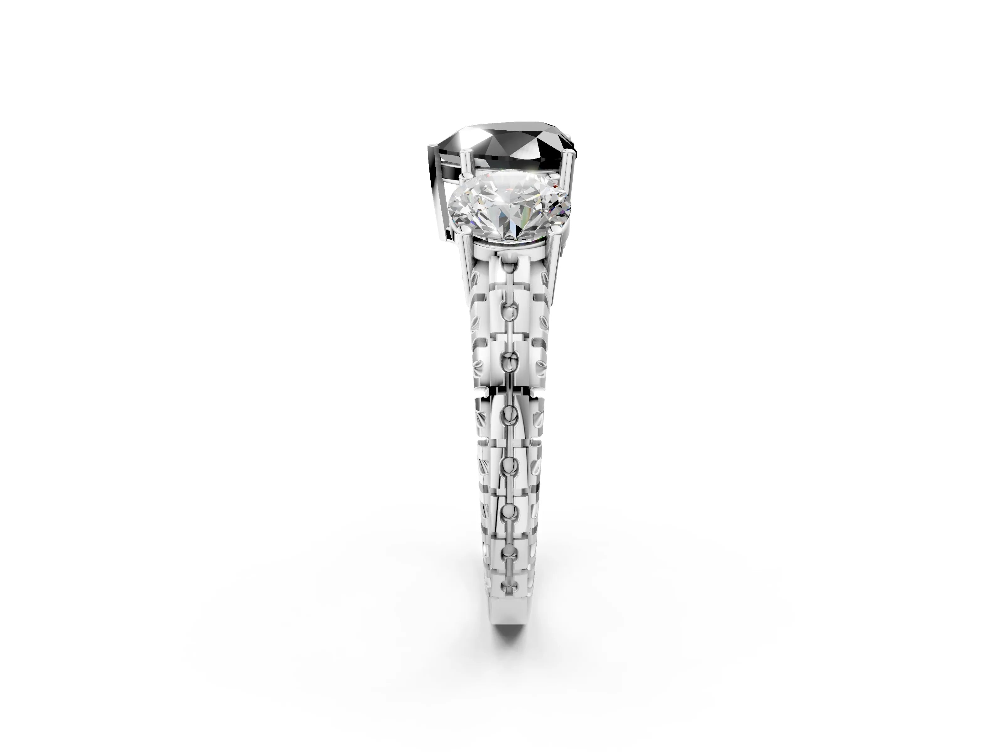 White gold Three-Stone Fancy Black Heart Cut Cut Diamond Ring with Channel-Set Band and Prong Setting_2