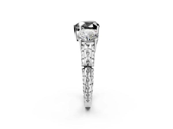 Platinum Heart-Shaped Three-Stone Engagement Ring Setting for Black Center with Engraved Band