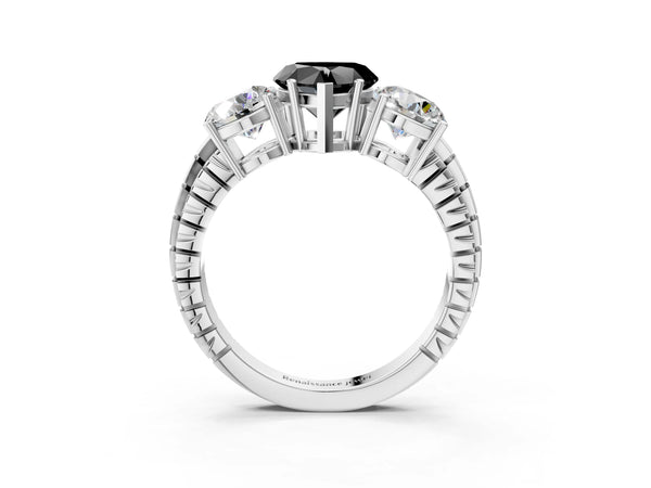 Platinum Heart-Shaped Three-Stone Engagement Ring Setting for Black Center with Engraved Band