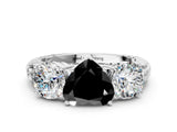 White gold Three-Stone Fancy Black Heart Cut Cut Diamond Ring with Channel-Set Band and Prong Setting
