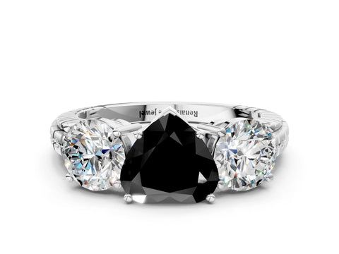 White gold Three-Stone Fancy Black Heart Cut Cut Diamond Ring with Channel-Set Band and Prong Setting