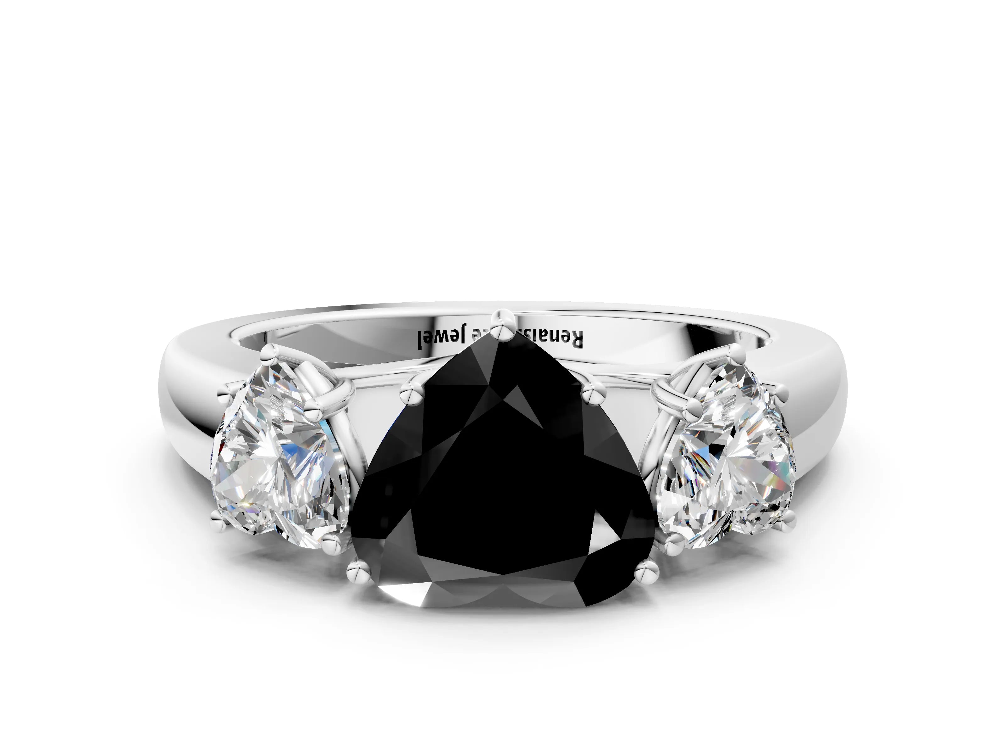 White gold Three-Stone Fancy Black Heart Cut Cut Diamond Ring with Prong Setting and Classic Band
