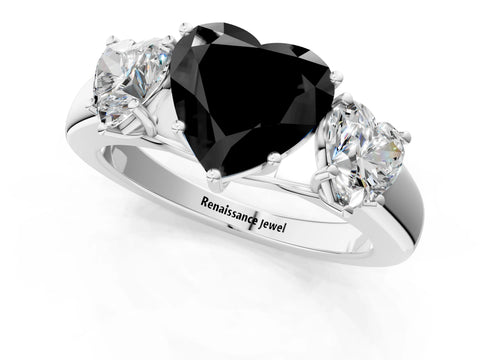 White gold Three-Stone Fancy Black Heart Cut Cut Diamond Ring with Prong Setting and Classic Band_1