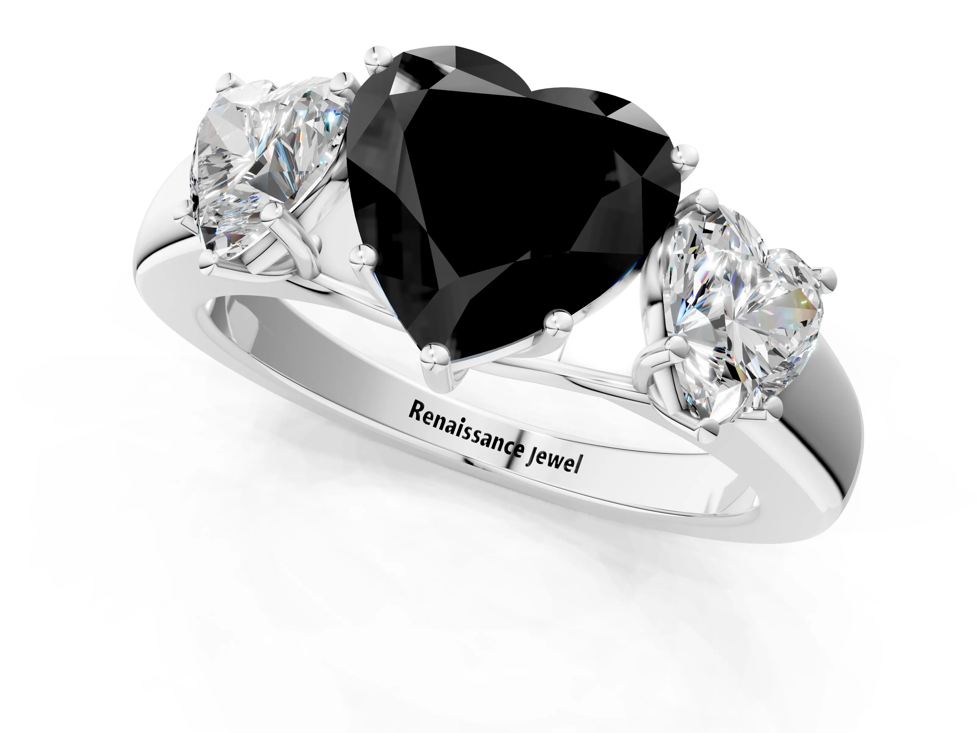White gold Three-Stone Fancy Black Heart Cut Cut Diamond Ring with Prong Setting and Classic Band_1