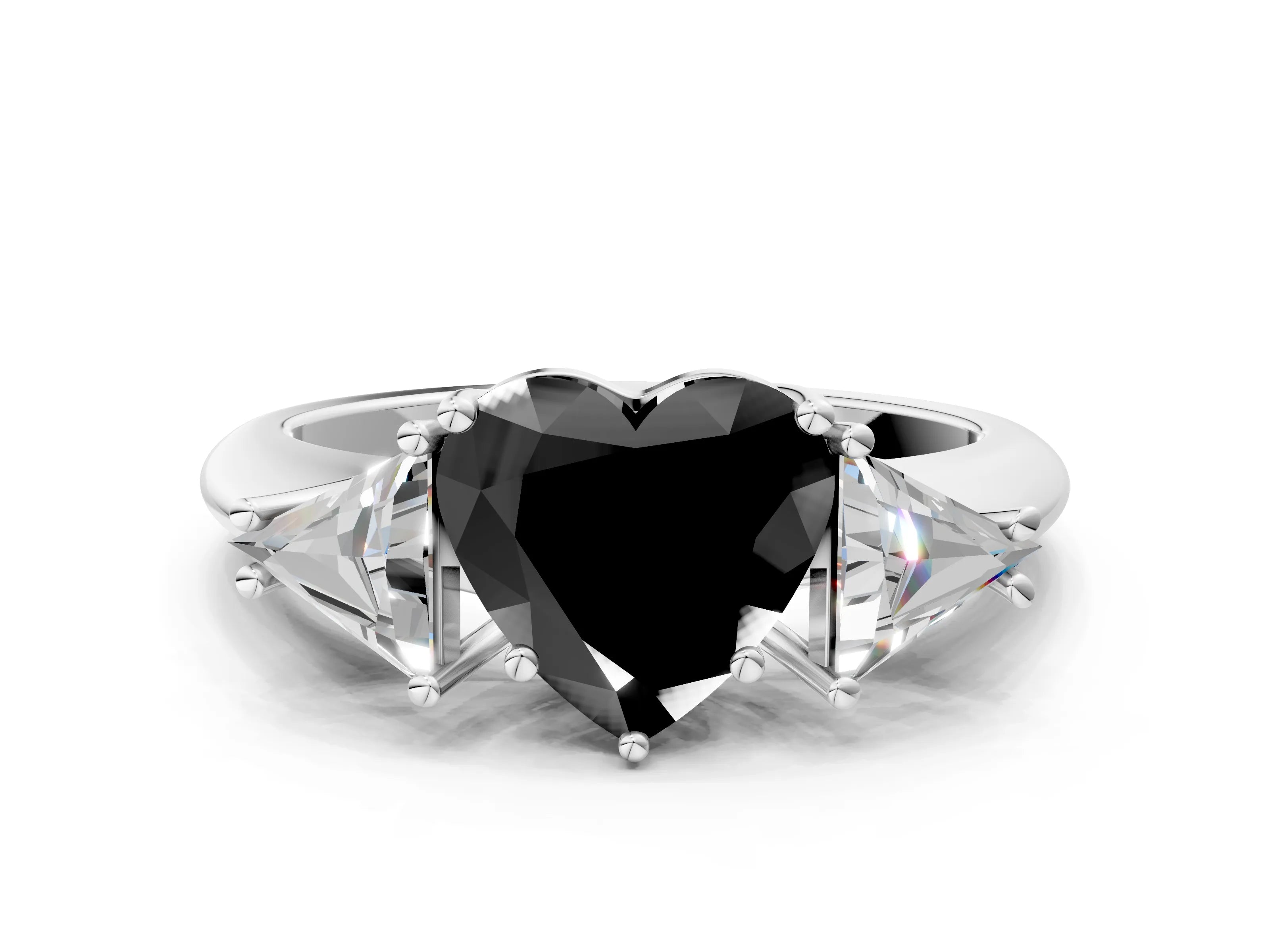 White gold Three-Stone Fancy Black Heart Cut Cut Diamond Ring with Trillion Side Stones and Four-Prong Setting_11