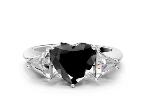 White gold Three-Stone Fancy Black Heart Cut Cut Diamond Ring with Trillion Side Stones and Four-Prong Setting_11