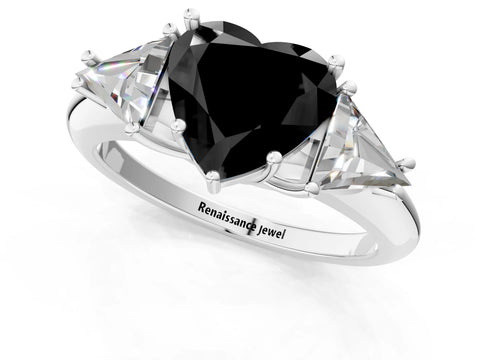 White gold Three-Stone Fancy Black Heart Cut Cut Diamond Ring with Trillion Side Stones and Four-Prong Setting_12