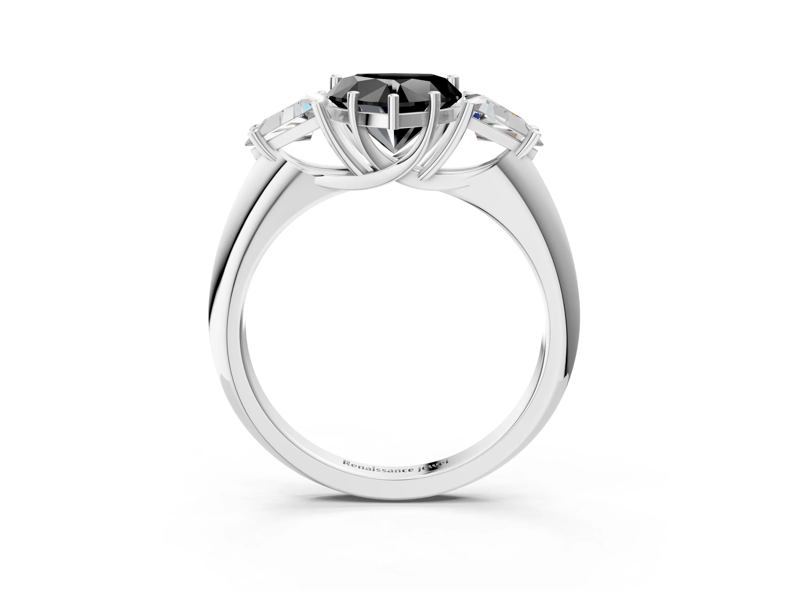 White gold Three-Stone Fancy Black Heart Cut Cut Diamond Ring with Trillion Side Stones and Four-Prong Setting_14