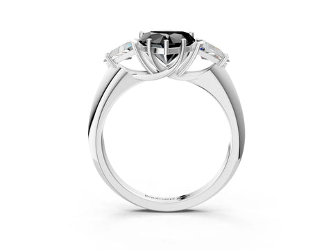 White gold Three-Stone Fancy Black Heart Cut Cut Diamond Ring with Trillion Side Stones and Four-Prong Setting_14