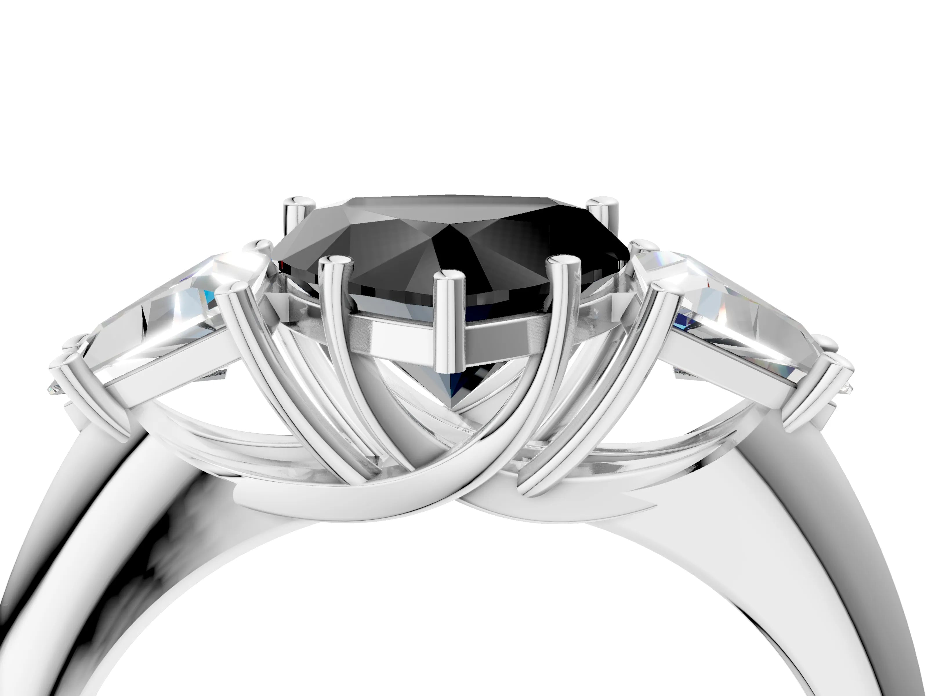 White gold Three-Stone Fancy Black Heart Cut Cut Diamond Ring with Trillion Side Stones and Four-Prong Setting_15