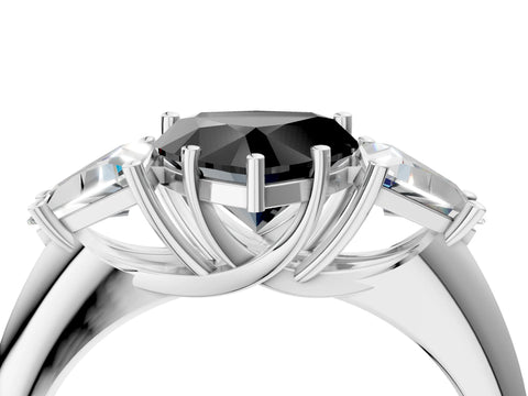 White gold Three-Stone Fancy Black Heart Cut Cut Diamond Ring with Trillion Side Stones and Four-Prong Setting_15