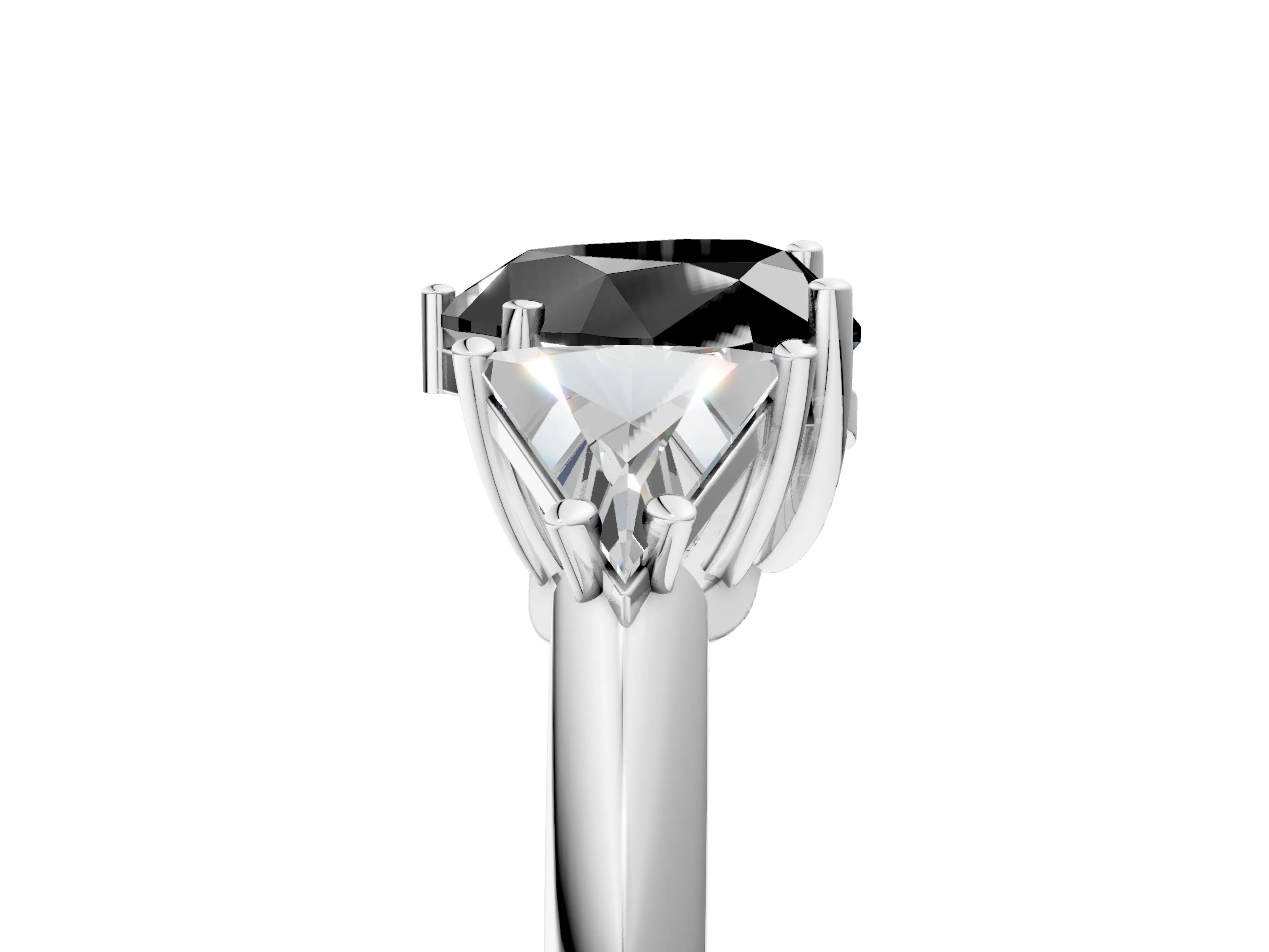 White gold Three-Stone Fancy Black Heart Cut Cut Diamond Ring with Trillion Side Stones and Four-Prong Setting_16