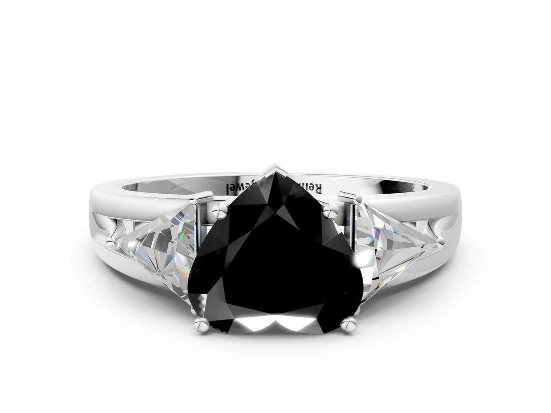 White gold Three-Stone Fancy Black Heart Cut Cut Diamond Ring with Trillion Side Stones on a Split Shank Band