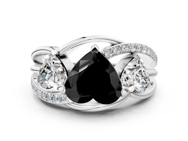 Platinum Heart-Shaped Three Stone Split Shank Engagement Ring Setting for Black Center