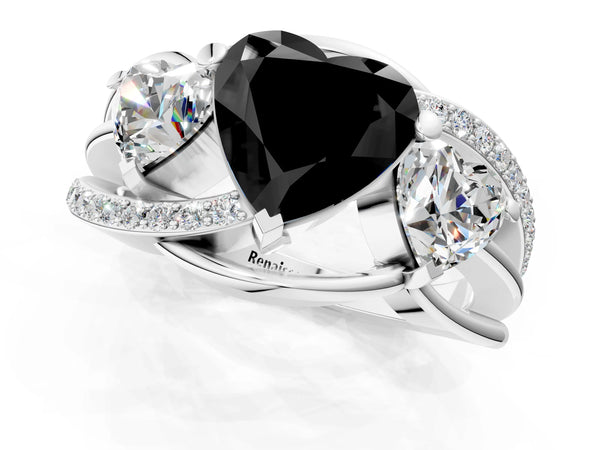 Platinum Heart-Shaped Three Stone Split Shank Engagement Ring Setting for Black Center
