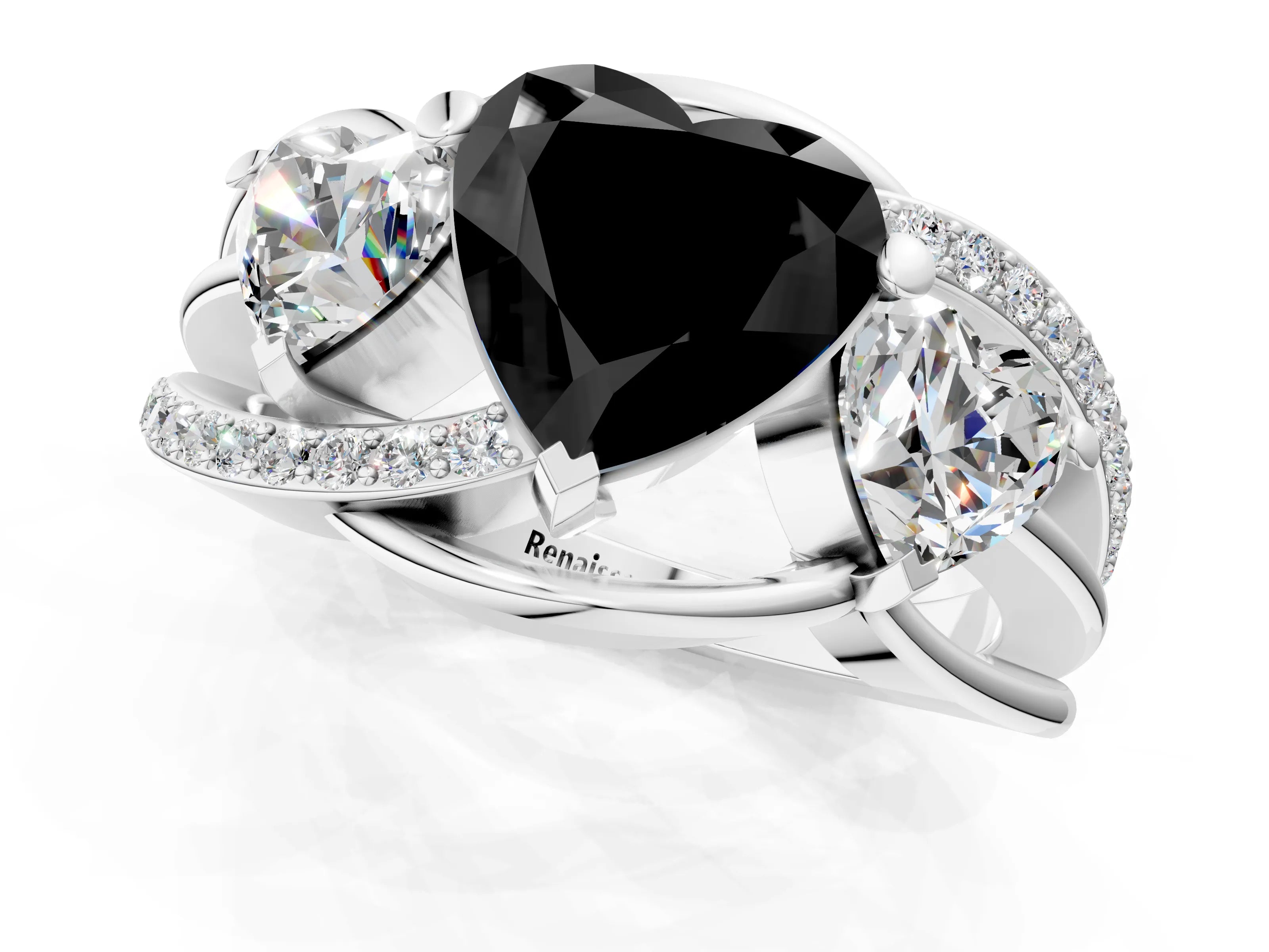White gold Three-Stone Fancy Black Heart Cut Cut Diamond Split Shank Prong Set Ring_1